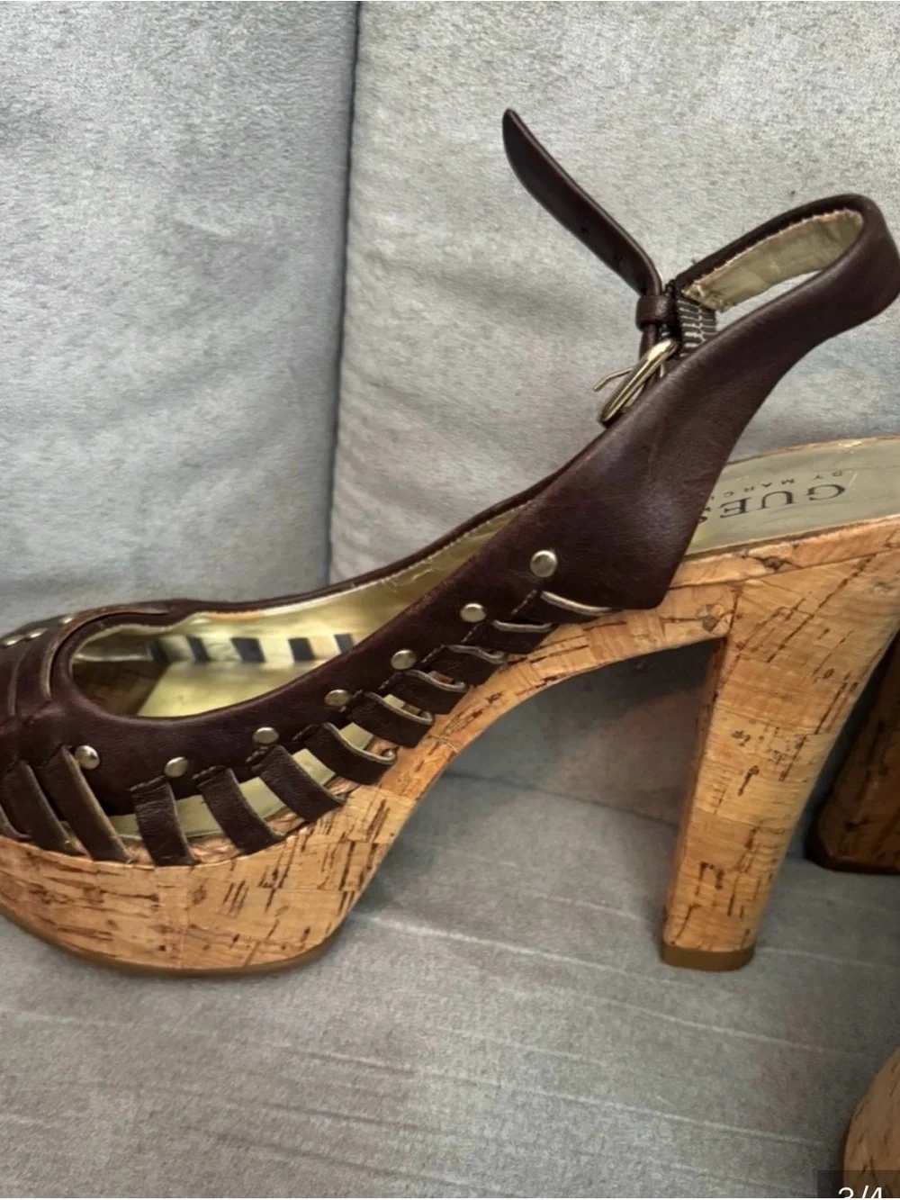 Guess Brown Woven Cork Platform Sandals 6.5